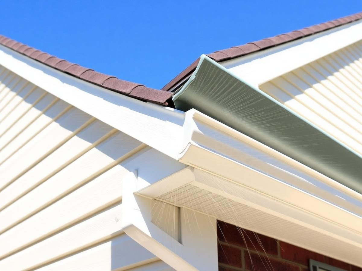 Freshly cleaned home gutters and roof under a blue sky